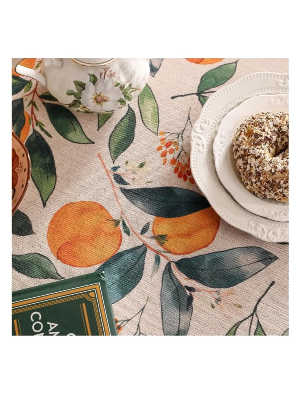 Orange Floral Tablecloth French Linen - 55” Round